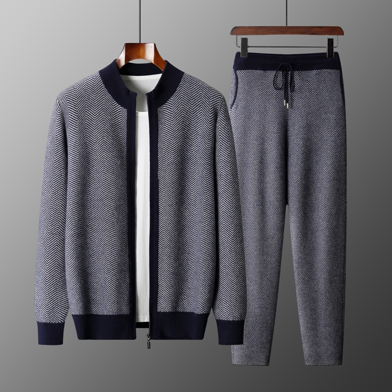 Knitted Cardigan Men - 100% Merino Wool Jacquard Set Men's