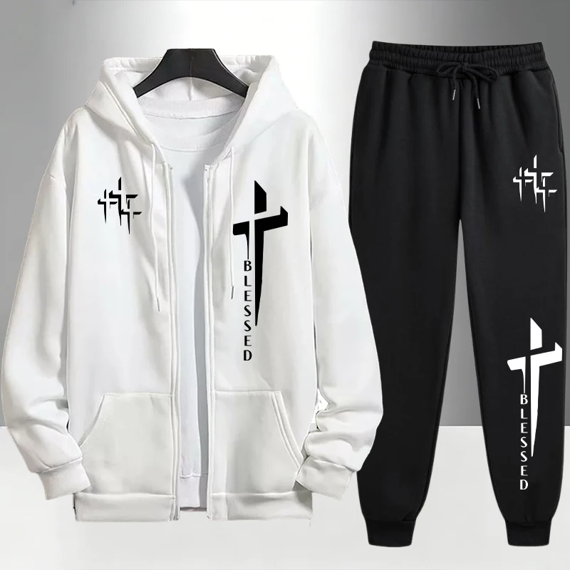 Cross Blessed Print Tracksuit  - Men'S Fashion Zipper Hoodie recension och pris